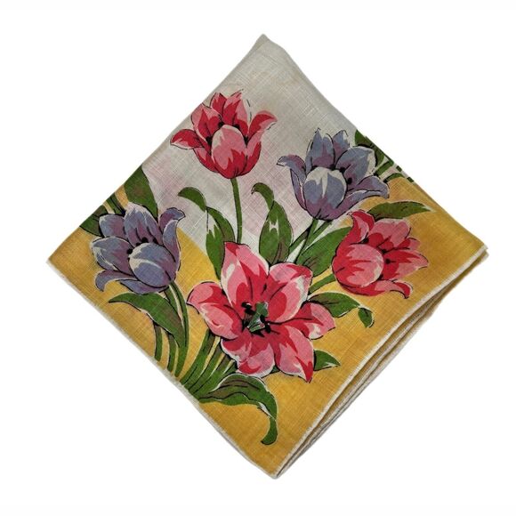 Floral Linen Bridesmaid Wedding Handkerchief Cottage Core Granny Tulip Vintage - Picture 1 of 4